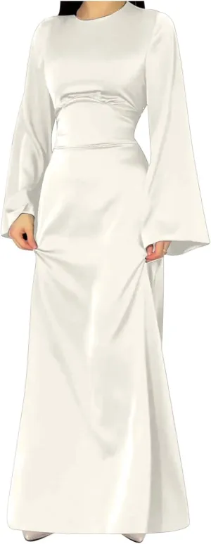 Women's Slip Satin Maxi Dress Elegant Empire Waist Long Dress Full Length Abaya Kaftan Dresses Islamic Robe Dresses