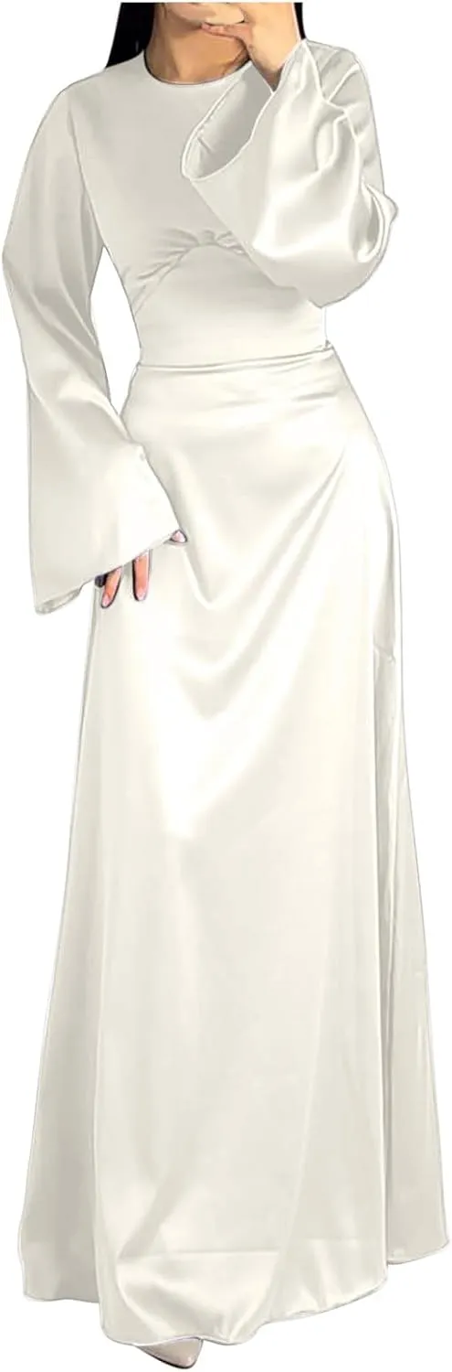 Women's Slip Satin Maxi Dress Elegant Empire Waist Long Dress Full Length Abaya Kaftan Dresses Islamic Robe Dresses