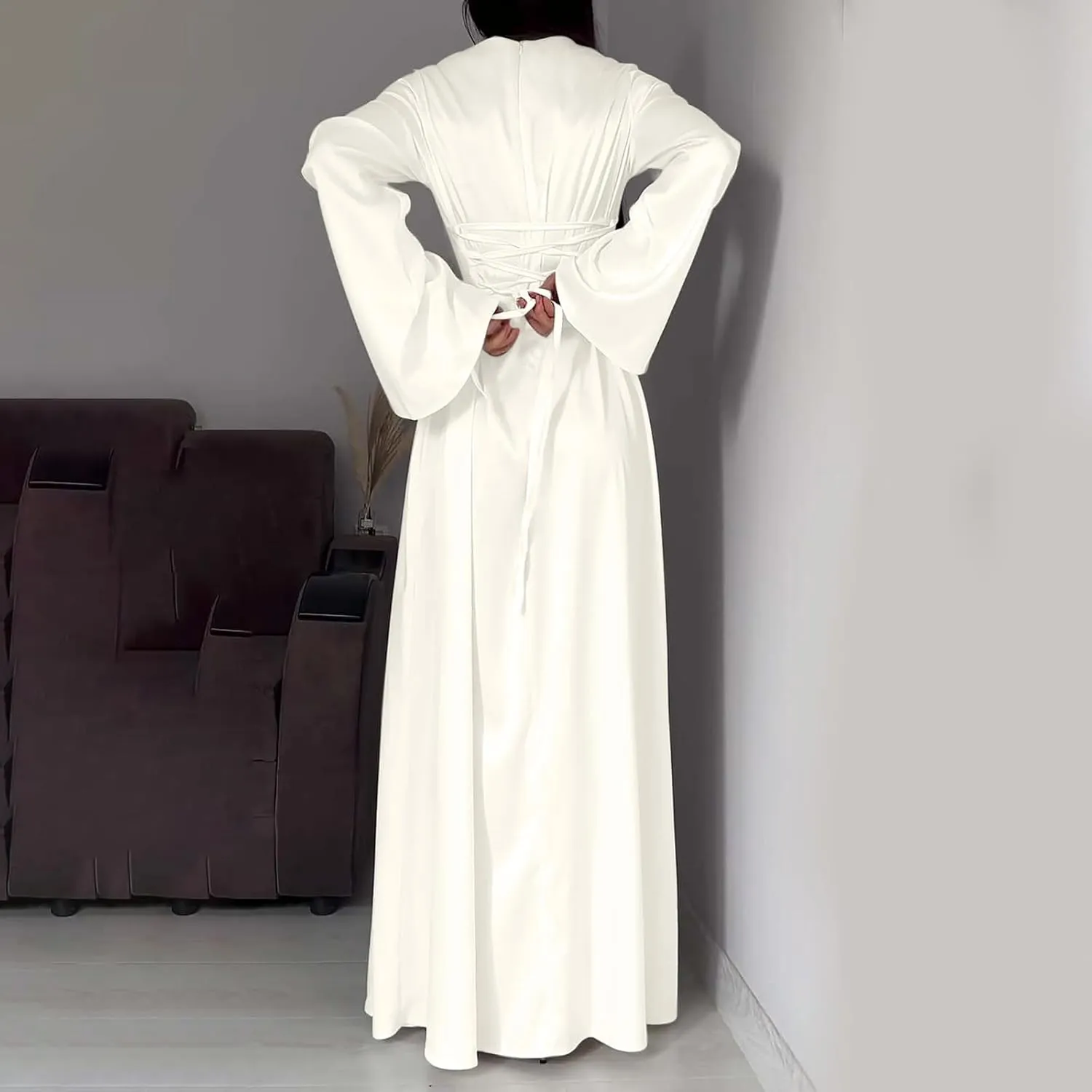 Women's Slip Satin Maxi Dress Elegant Empire Waist Long Dress Full Length Abaya Kaftan Dresses Islamic Robe Dresses