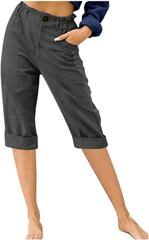 Womens Straight Capris Elastic Waist Cropped Pants, Casual Summer Pant Fashion Below Knee Capri Shorts for Women