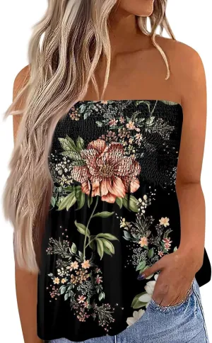 Womens Strapless Bandeau Tank Tops Tube Tops Floral Tanks Smocked Ruffled Backless Casual Bandeau Sleeveless Shirts