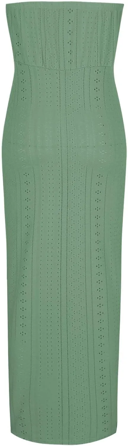 Women's Strapless Ruched High Waist Wrap Split Asymmetrical Midi Dress Tube Top Eyelet Beach Party Long Dresses