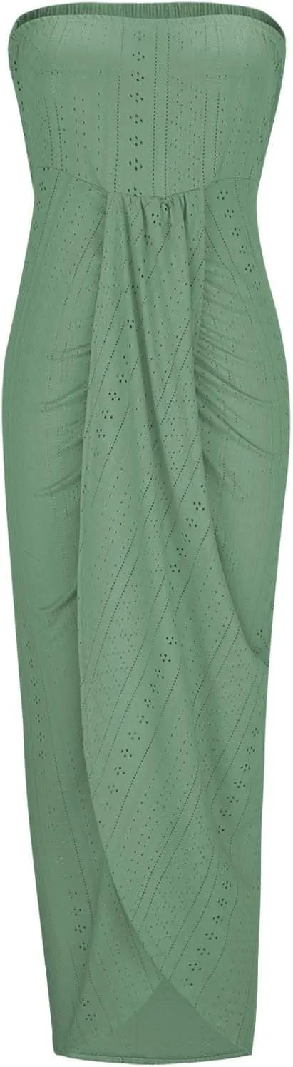 Women's Strapless Ruched High Waist Wrap Split Asymmetrical Midi Dress Tube Top Eyelet Beach Party Long Dresses
