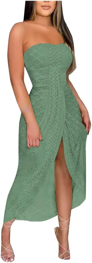 Women's Strapless Ruched High Waist Wrap Split Asymmetrical Midi Dress Tube Top Eyelet Beach Party Long Dresses