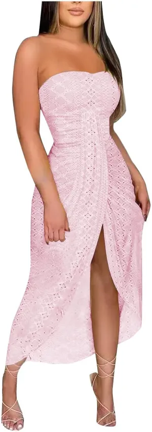 Women's Strapless Ruched High Waist Wrap Split Asymmetrical Midi Dress Tube Top Eyelet Beach Party Long Dresses