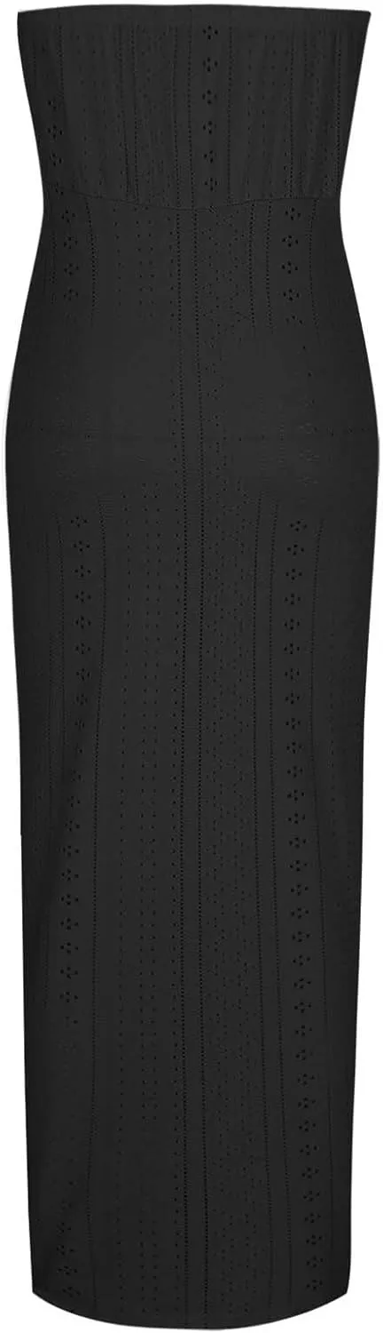Women's Strapless Ruched High Waist Wrap Split Asymmetrical Midi Dress Tube Top Eyelet Beach Party Long Dresses