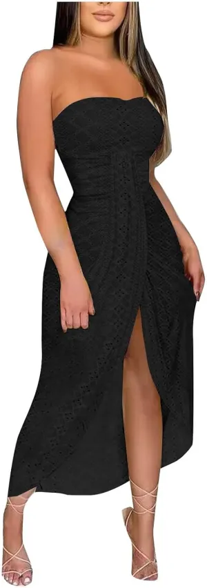 Women's Strapless Ruched High Waist Wrap Split Asymmetrical Midi Dress Tube Top Eyelet Beach Party Long Dresses