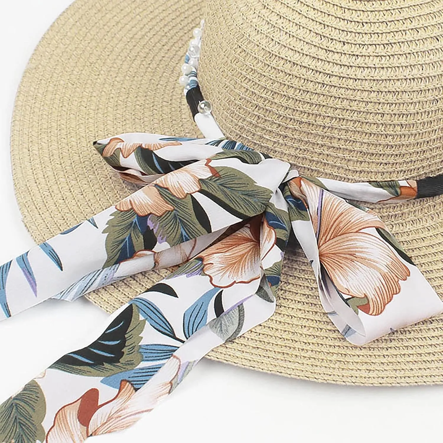 Women's Straw Derby Sun Hat Vintage Pearl Band Fedora Hat Wide Brim Trilby Panama Hat Travel Wedding Bucket Hats