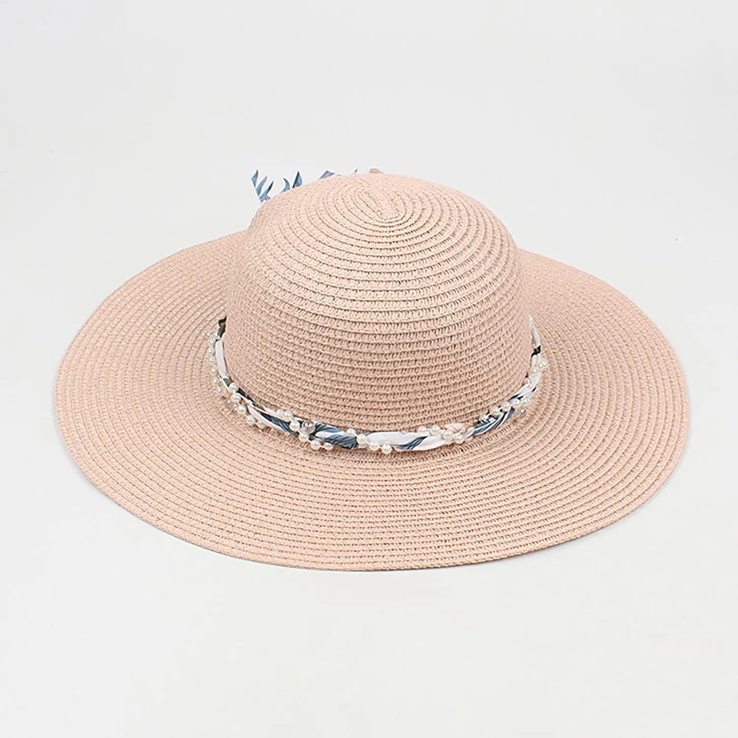 Women's Straw Derby Sun Hat Vintage Pearl Band Fedora Hat Wide Brim Trilby Panama Hat Travel Wedding Bucket Hats