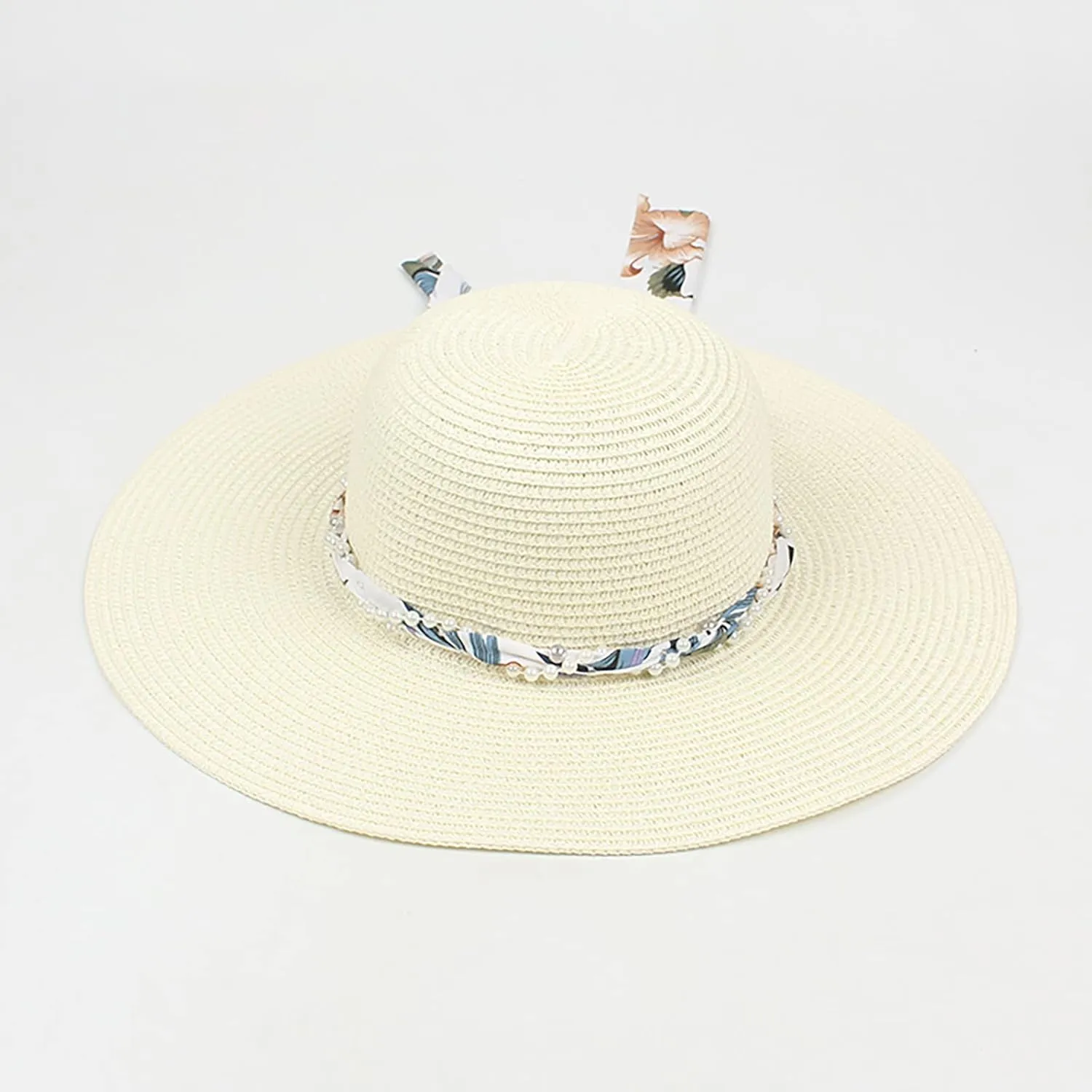 Women's Straw Derby Sun Hat Vintage Pearl Band Fedora Hat Wide Brim Trilby Panama Hat Travel Wedding Bucket Hats
