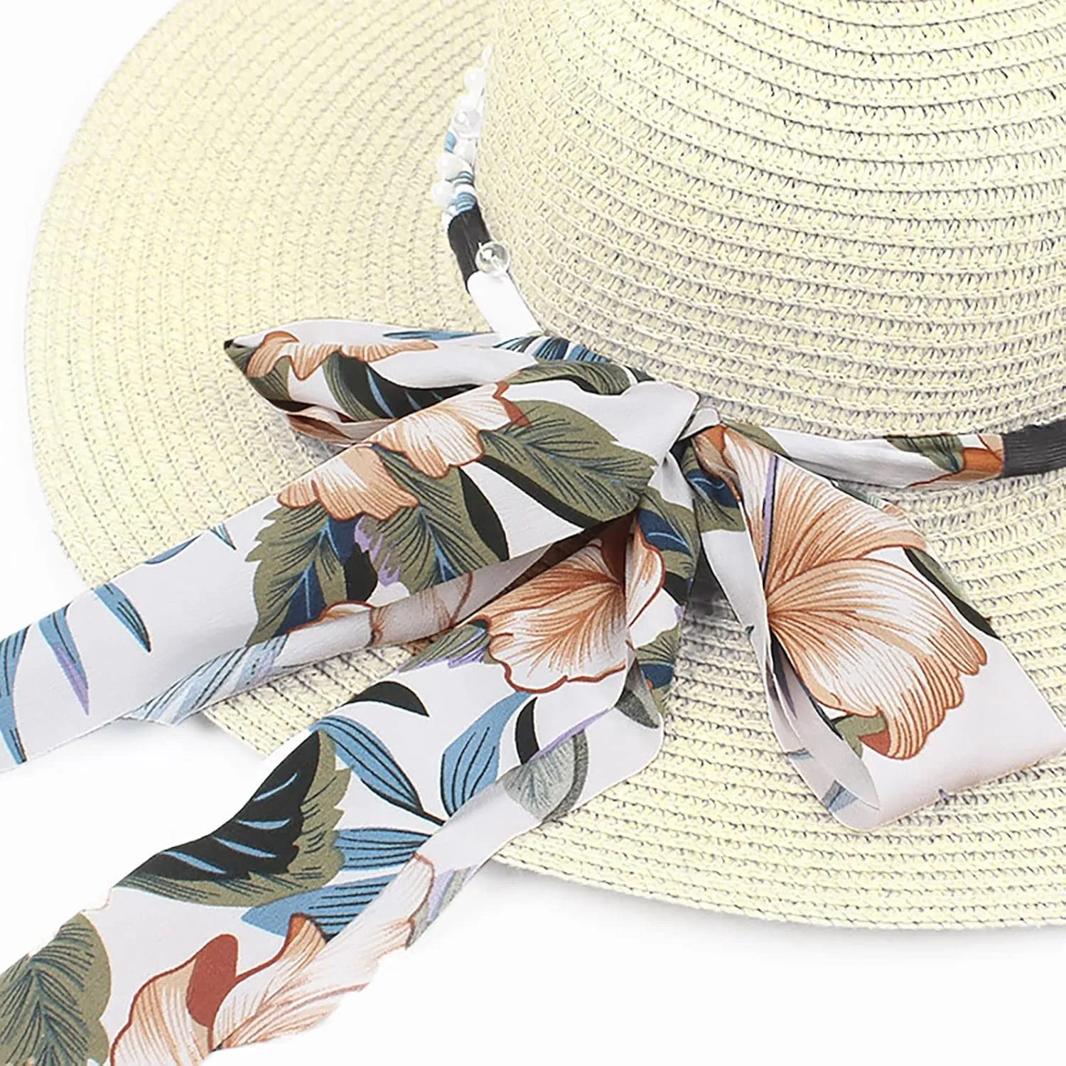 Women's Straw Derby Sun Hat Vintage Pearl Band Fedora Hat Wide Brim Trilby Panama Hat Travel Wedding Bucket Hats