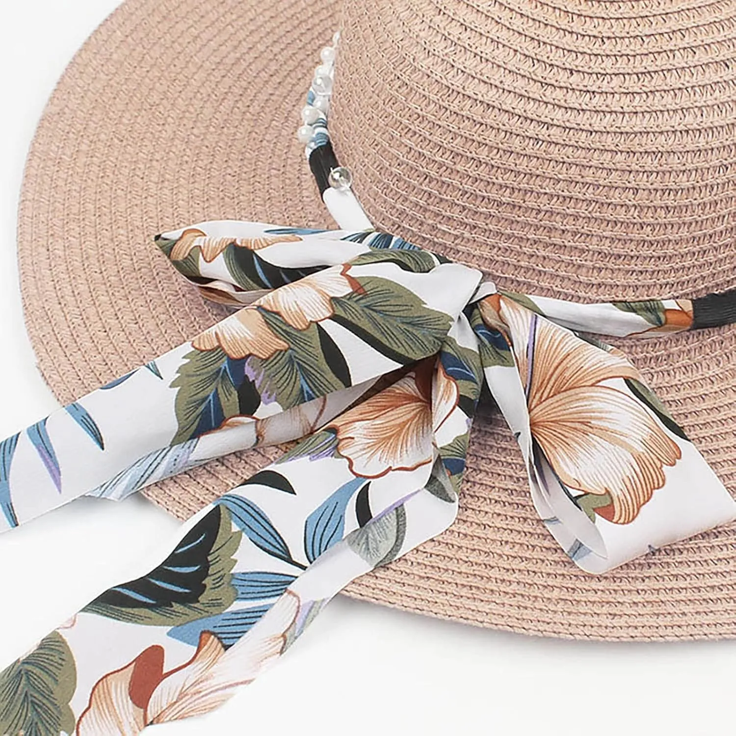 Women's Straw Derby Sun Hat Vintage Pearl Band Fedora Hat Wide Brim Trilby Panama Hat Travel Wedding Bucket Hats