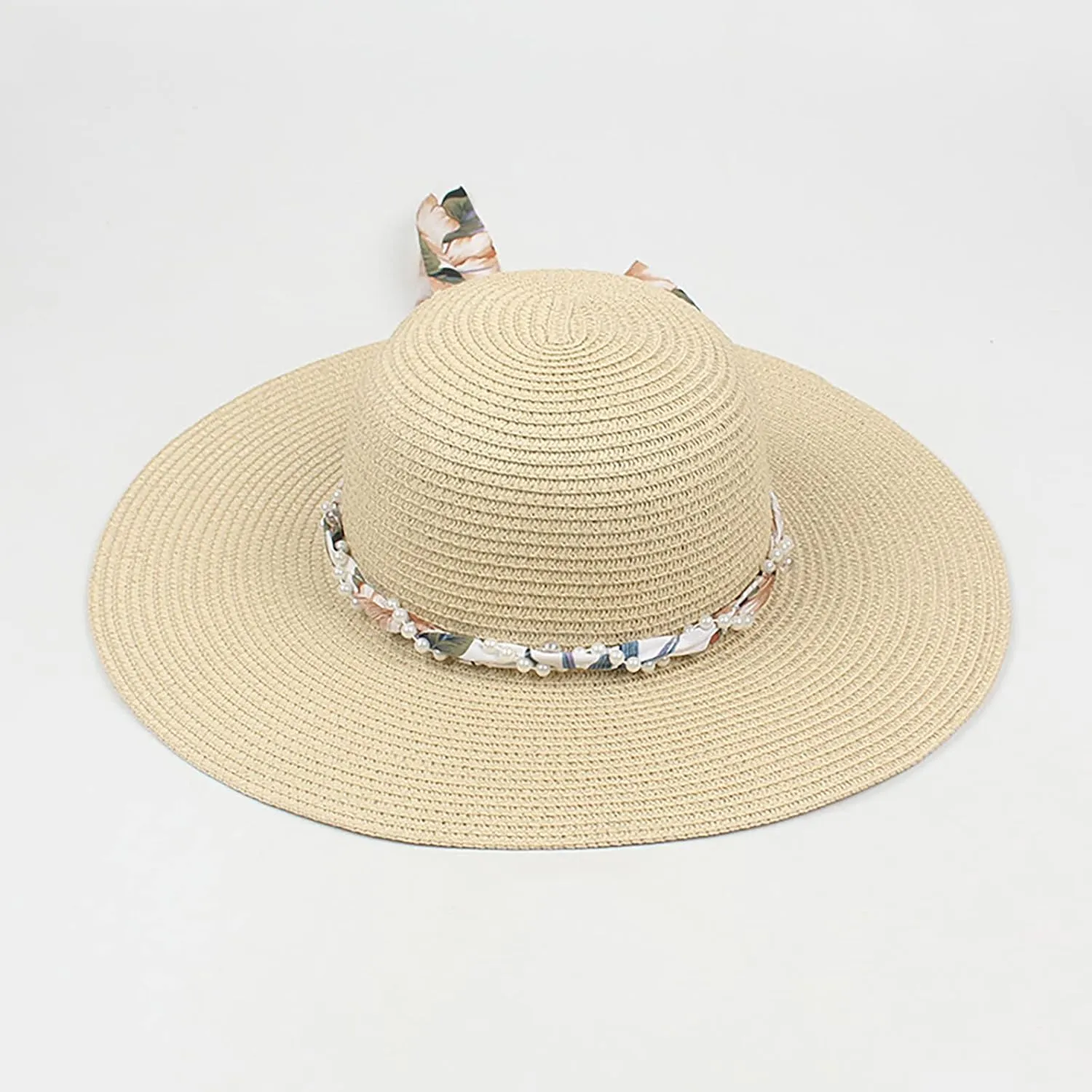Women's Straw Derby Sun Hat Vintage Pearl Band Fedora Hat Wide Brim Trilby Panama Hat Travel Wedding Bucket Hats