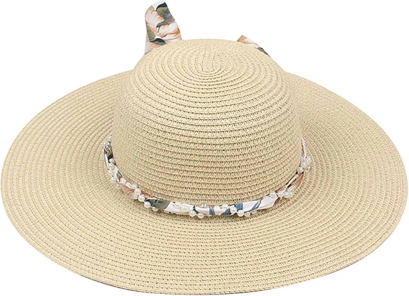 Women's Straw Derby Sun Hat Vintage Pearl Band Fedora Hat Wide Brim Trilby Panama Hat Travel Wedding Bucket Hats