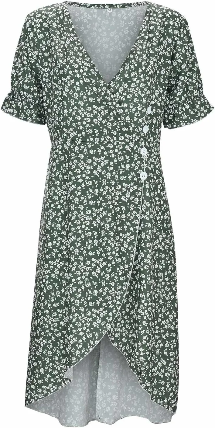 Women's Summer Short Sleeve A-Line Midi Dresses Casual Floral V Neck Button T-Shirt Dress Flowy Beach Sundress for Women