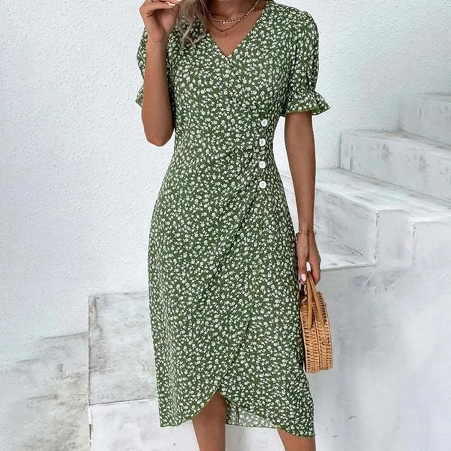 Women's Summer Short Sleeve A-Line Midi Dresses Casual Floral V Neck Button T-Shirt Dress Flowy Beach Sundress for Women