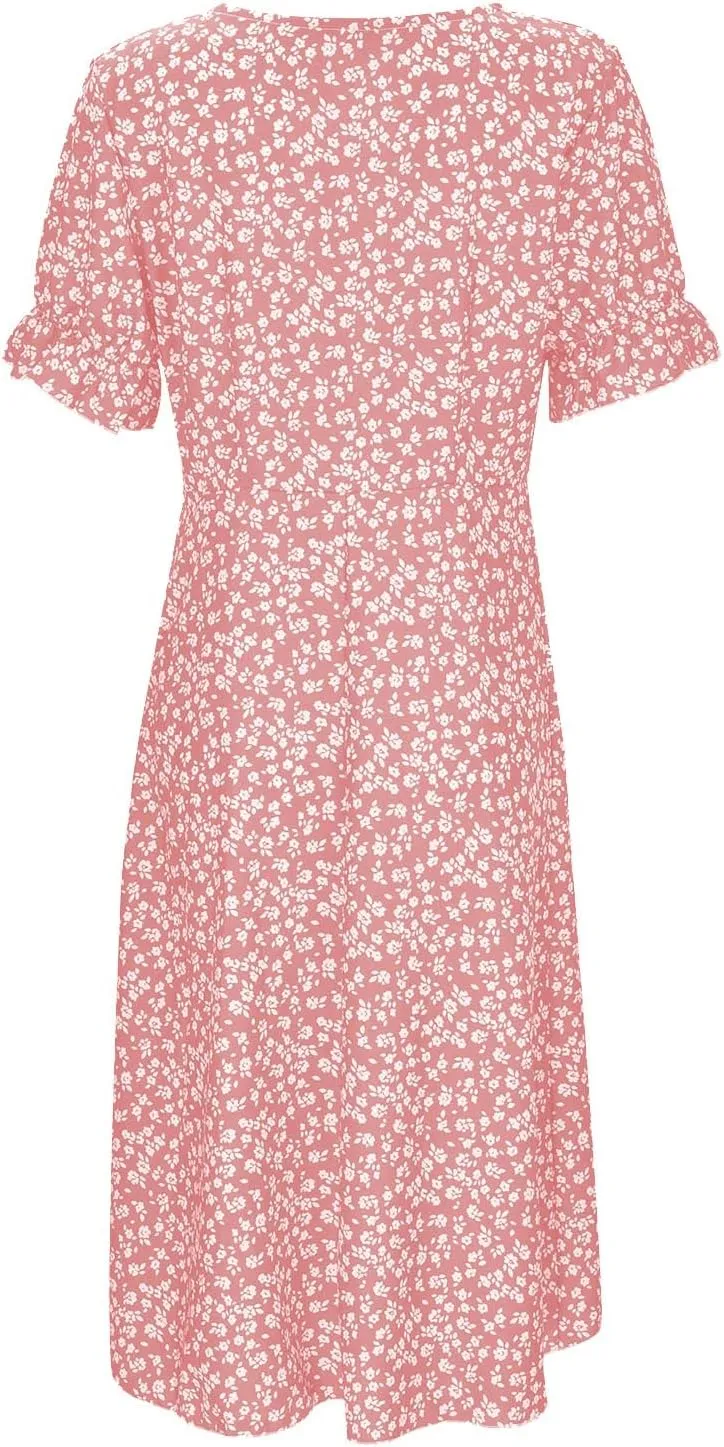 Women's Summer Short Sleeve A-Line Midi Dresses Casual Floral V Neck Button T-Shirt Dress Flowy Beach Sundress for Women