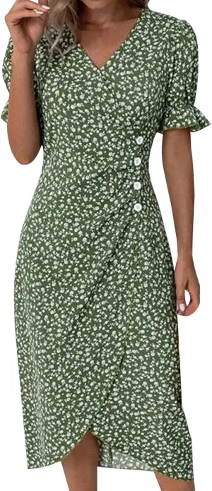 Women's Summer Short Sleeve A-Line Midi Dresses Casual Floral V Neck Button T-Shirt Dress Flowy Beach Sundress for Women