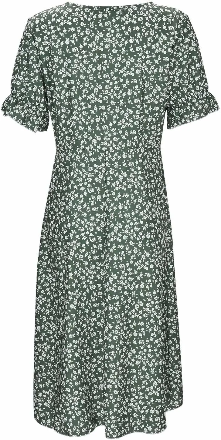 Women's Summer Short Sleeve A-Line Midi Dresses Casual Floral V Neck Button T-Shirt Dress Flowy Beach Sundress for Women