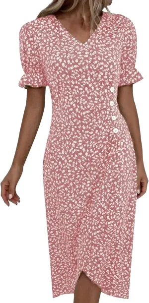 Women's Summer Short Sleeve A-Line Midi Dresses Casual Floral V Neck Button T-Shirt Dress Flowy Beach Sundress for Women