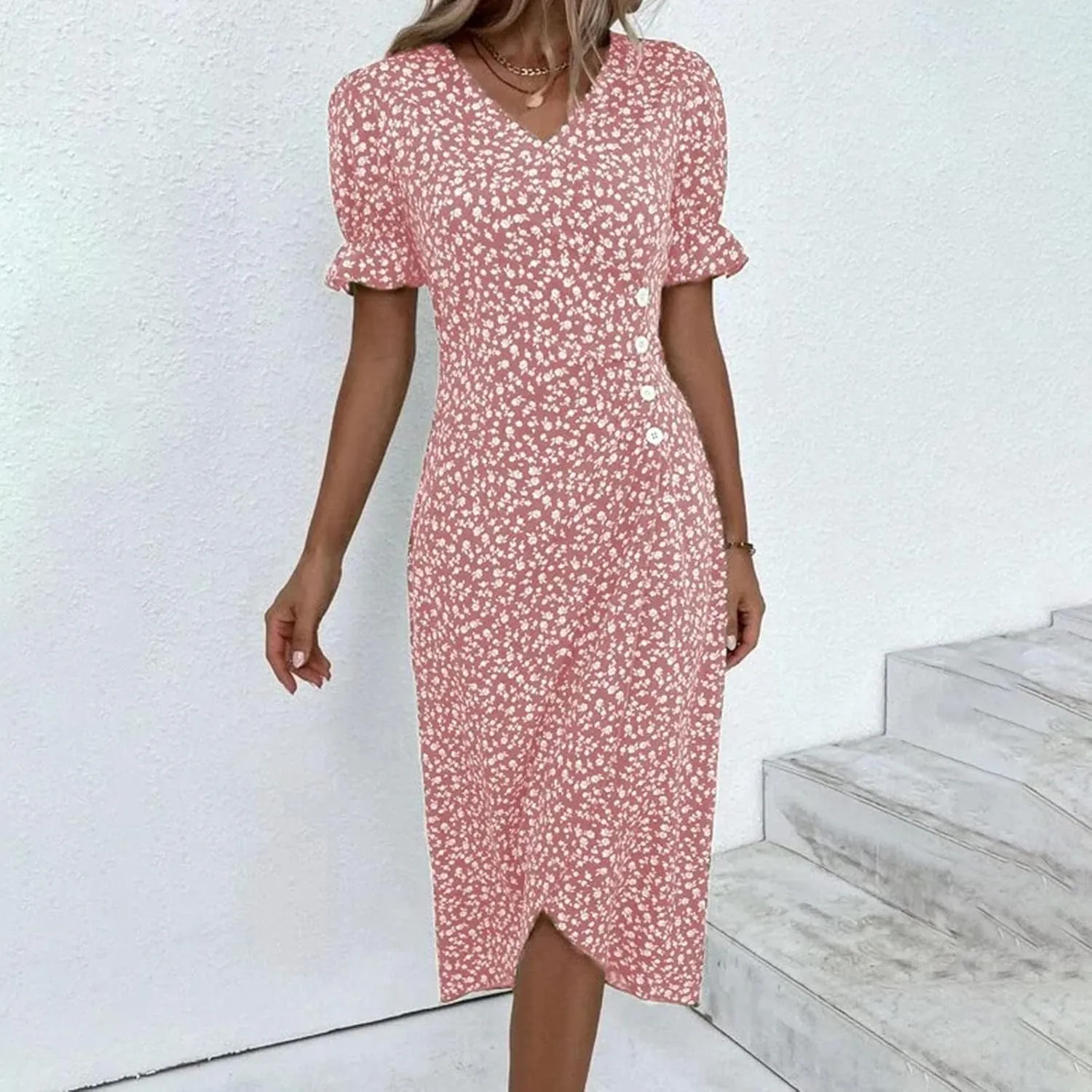 Women's Summer Short Sleeve A-Line Midi Dresses Casual Floral V Neck Button T-Shirt Dress Flowy Beach Sundress for Women