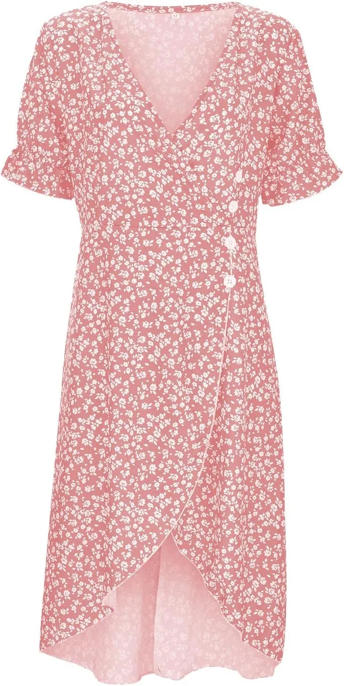 Women's Summer Short Sleeve A-Line Midi Dresses Casual Floral V Neck Button T-Shirt Dress Flowy Beach Sundress for Women
