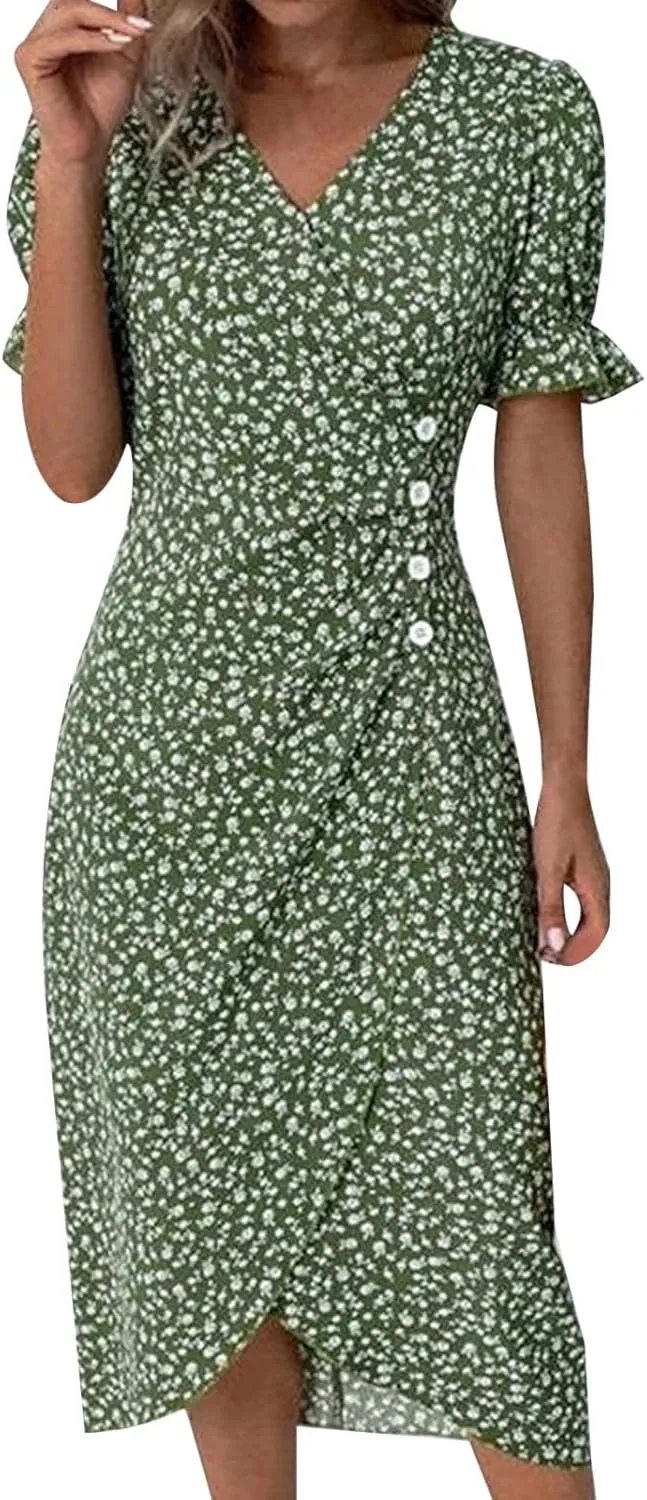 Women's Summer Short Sleeve A-Line Midi Dresses Casual Floral V Neck Button T-Shirt Dress Flowy Beach Sundress for Women