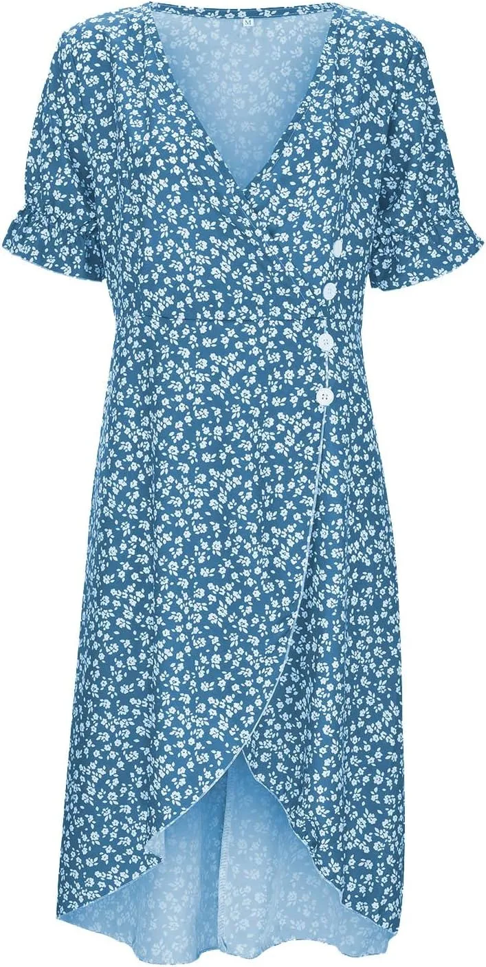 Women's Summer Short Sleeve A-Line Midi Dresses Casual Floral V Neck Button T-Shirt Dress Flowy Beach Sundress for Women