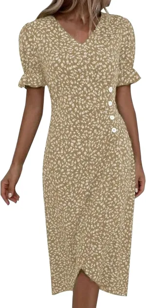 Women's Summer Short Sleeve A-Line Midi Dresses Casual Floral V Neck Button T-Shirt Dress Flowy Beach Sundress for Women