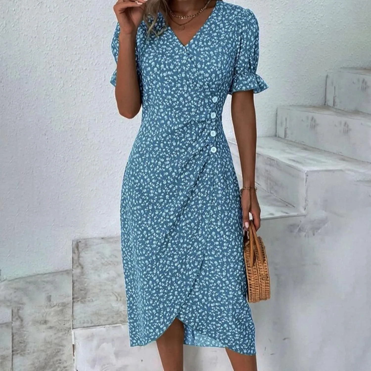 Women's Summer Short Sleeve A-Line Midi Dresses Casual Floral V Neck Button T-Shirt Dress Flowy Beach Sundress for Women