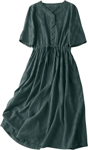 Womens Summer Trendy Textured Midi Dresses Casual Elbow Length Sleeve V Neck Drawstring Waist Pleated Flowy Boho Dress