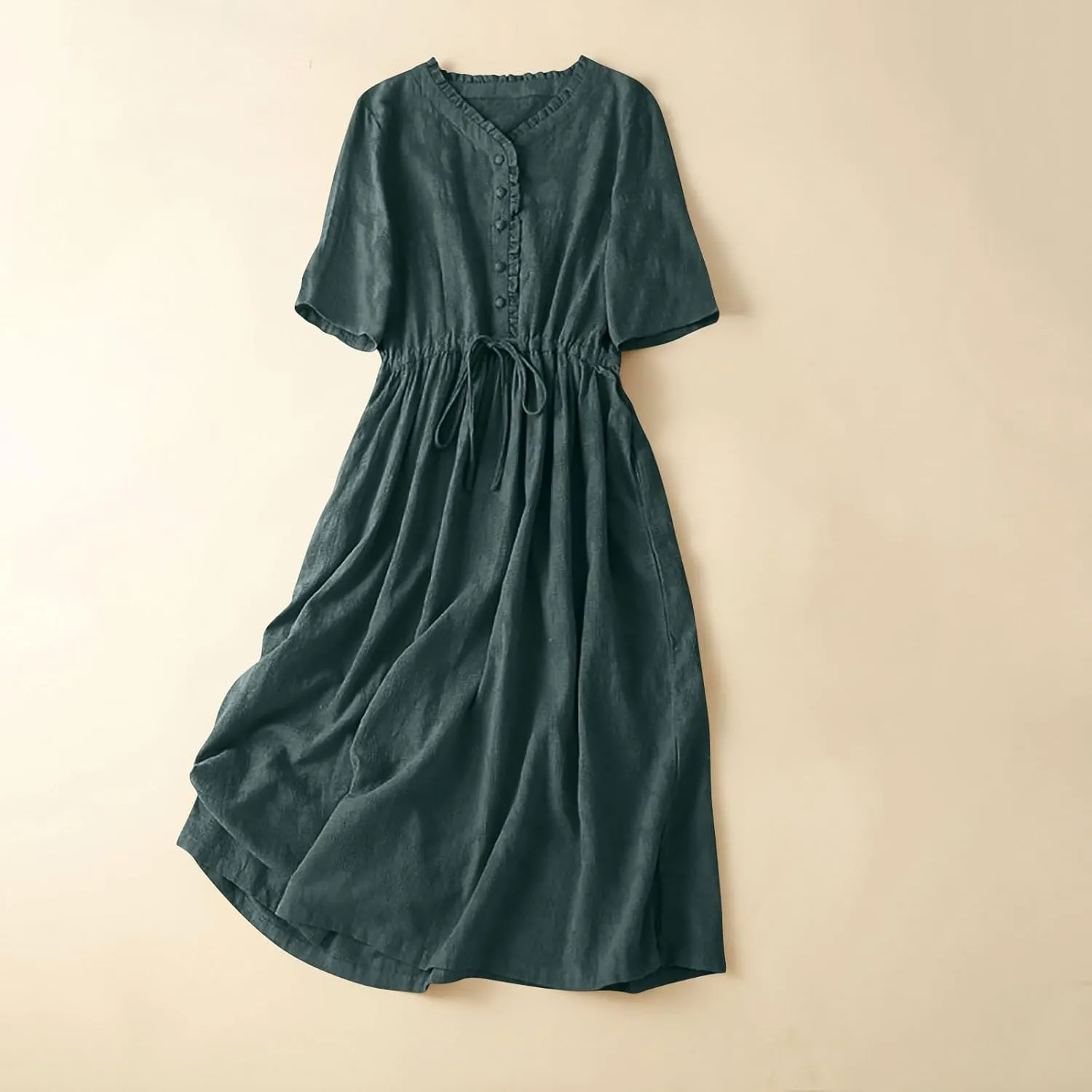 Womens Summer Trendy Textured Midi Dresses Casual Elbow Length Sleeve V Neck Drawstring Waist Pleated Flowy Boho Dress