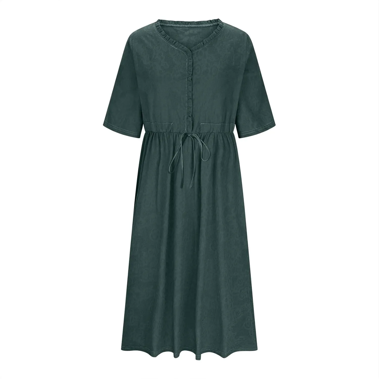 Womens Summer Trendy Textured Midi Dresses Casual Elbow Length Sleeve V Neck Drawstring Waist Pleated Flowy Boho Dress
