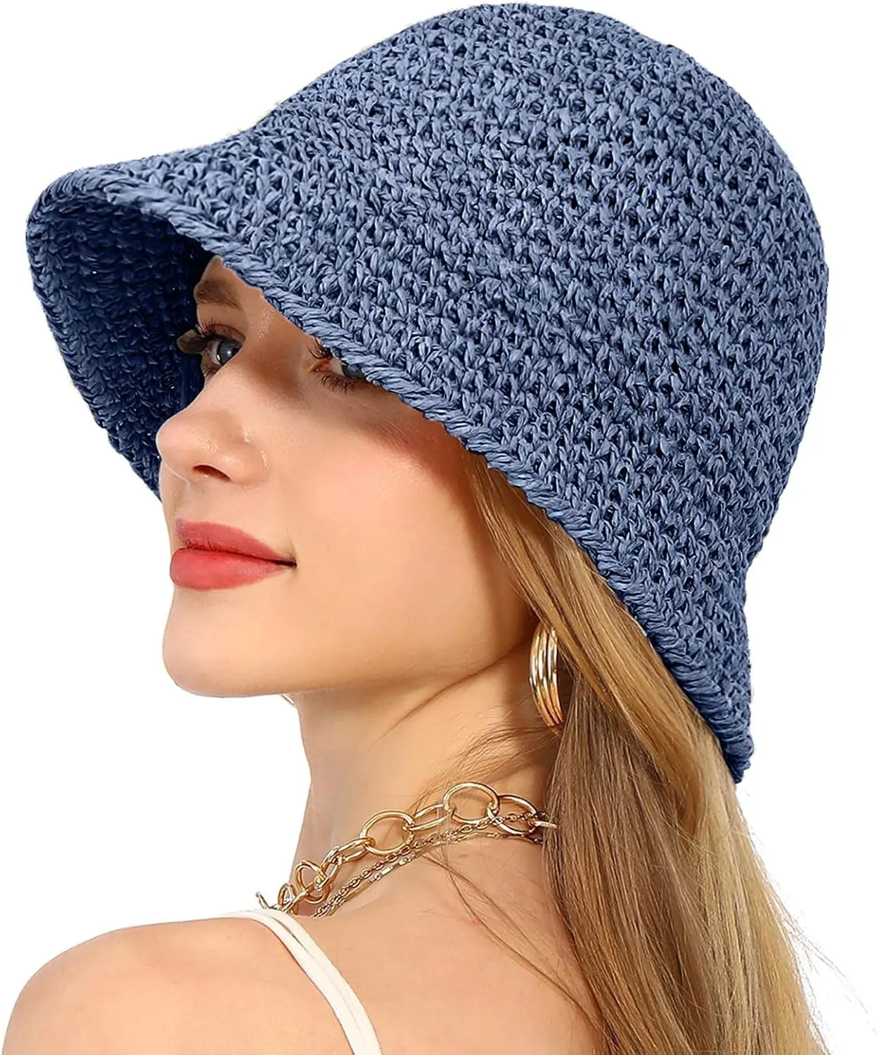 Womens Sun Hat Handmade Straw Bucket Uv Protection Wide Brim Sunhat Packable Travel Summer Cap for Beach UPF 50 