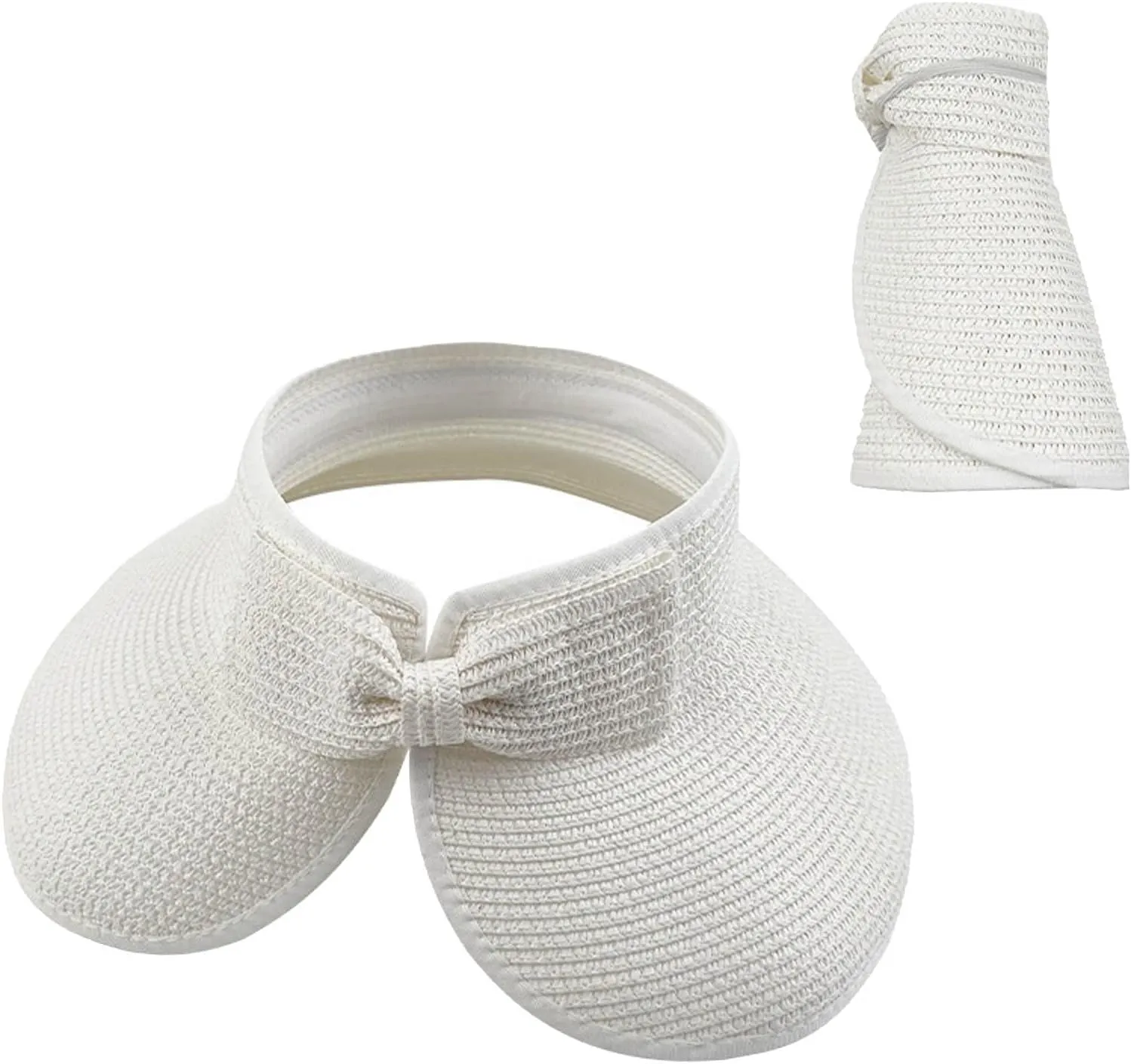 Womens Sun Hats Roll-Up Ponytail Visor Hats Wide Brim Summer Straw Caps for Foldable Travel
