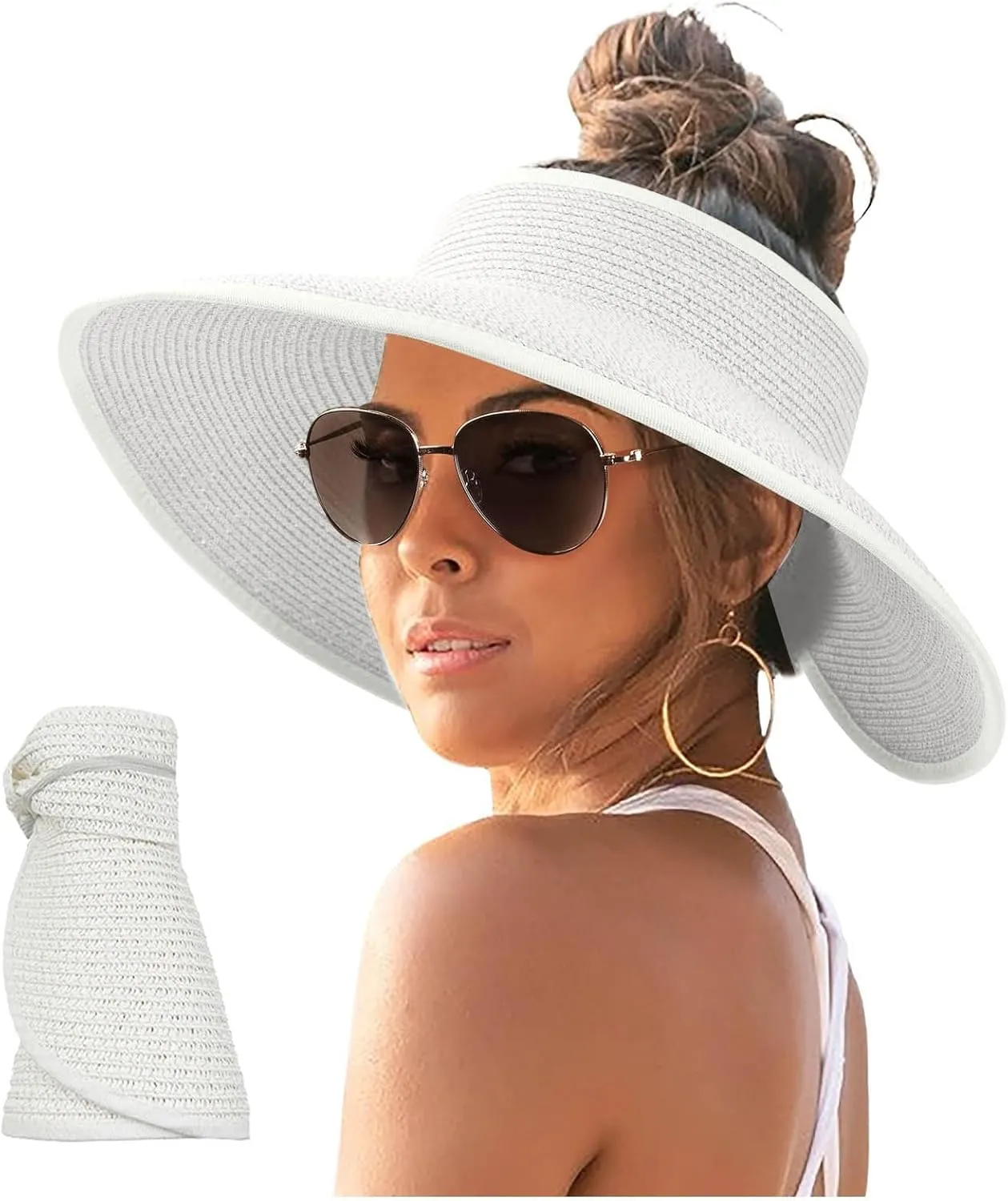 Womens Sun Hats Roll-Up Ponytail Visor Hats Wide Brim Summer Straw Caps for Foldable Travel