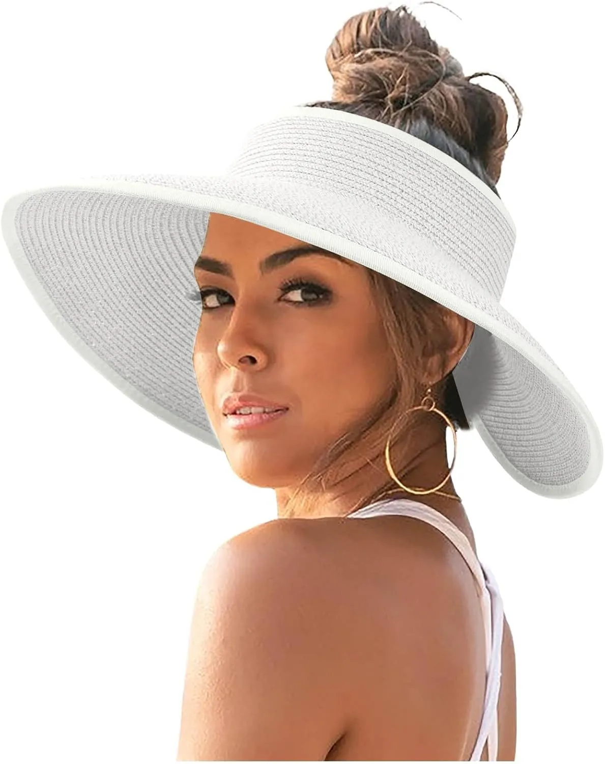 Womens Sun Hats Roll-Up Ponytail Visor Hats Wide Brim Summer Straw Caps for Foldable Travel