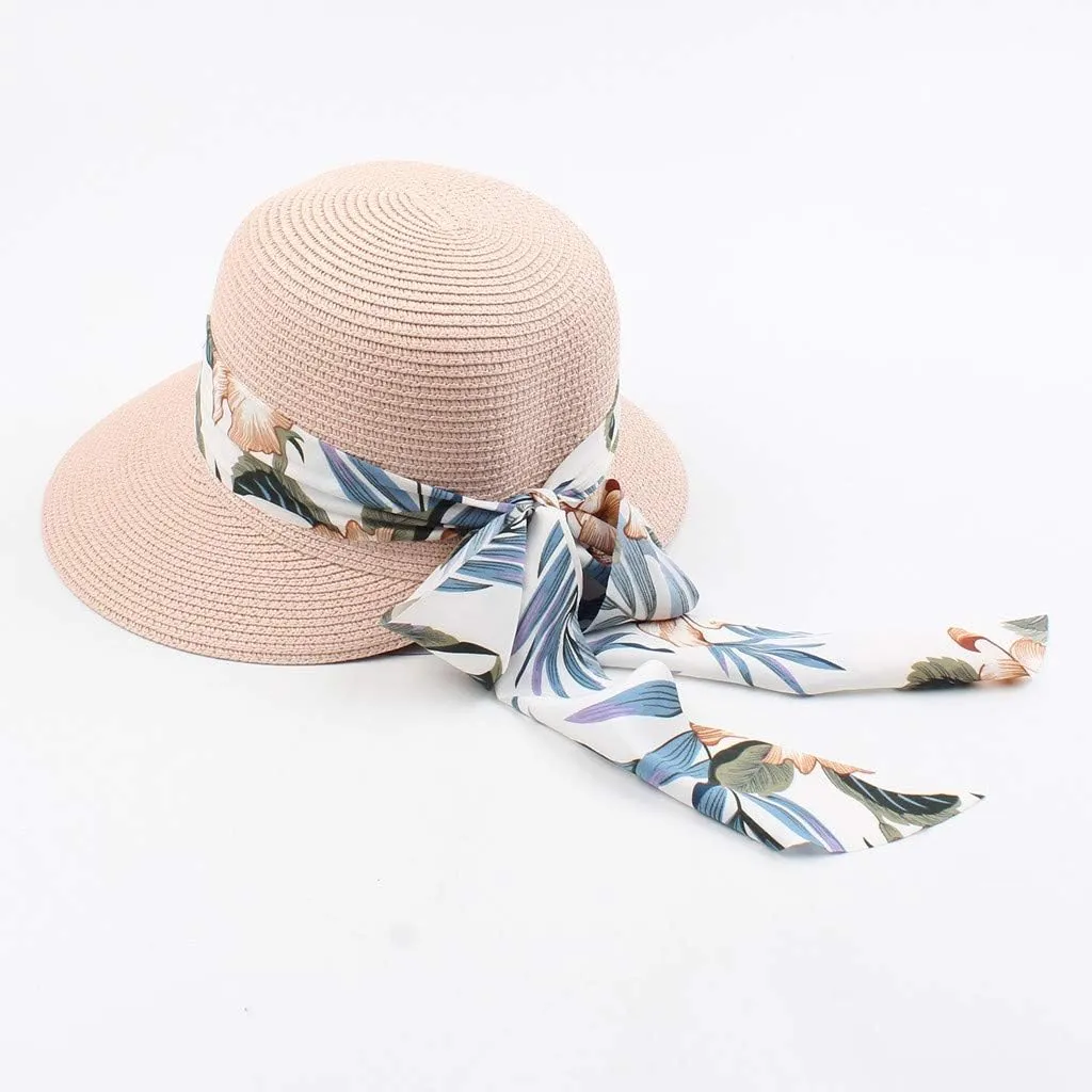 Womens Sun Straw Hat Wide Brim Summer Foldable Roll Up Floppy Beach Hats with Flower Bow UPF 50  Protection Beach Caps