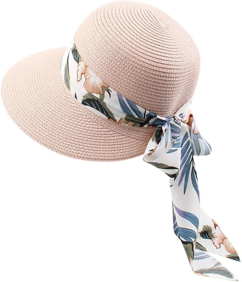 Womens Sun Straw Hat Wide Brim Summer Foldable Roll Up Floppy Beach Hats with Flower Bow UPF 50  Protection Beach Caps