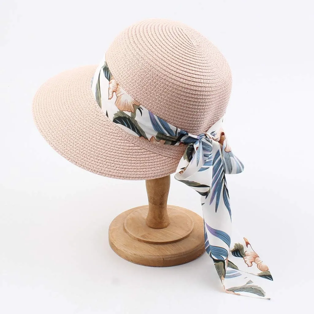 Womens Sun Straw Hat Wide Brim Summer Foldable Roll Up Floppy Beach Hats with Flower Bow UPF 50  Protection Beach Caps