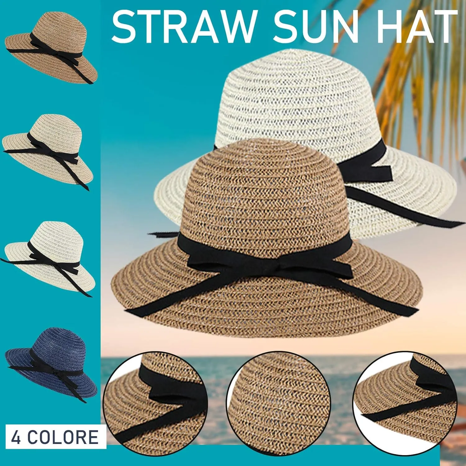 Womens Sun Straw Hat Wide Brim UPF 80 Summer Foldable Beach Hats for Women,Floppy Sun Hat Foldable Roll up Cap