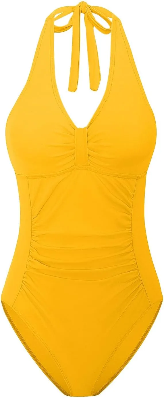 Women's Swimsuits Modest One Piece Ruched Halter Bathing Suits Backless 2025 Trendy Beach Party Swimwear Bult in Bra