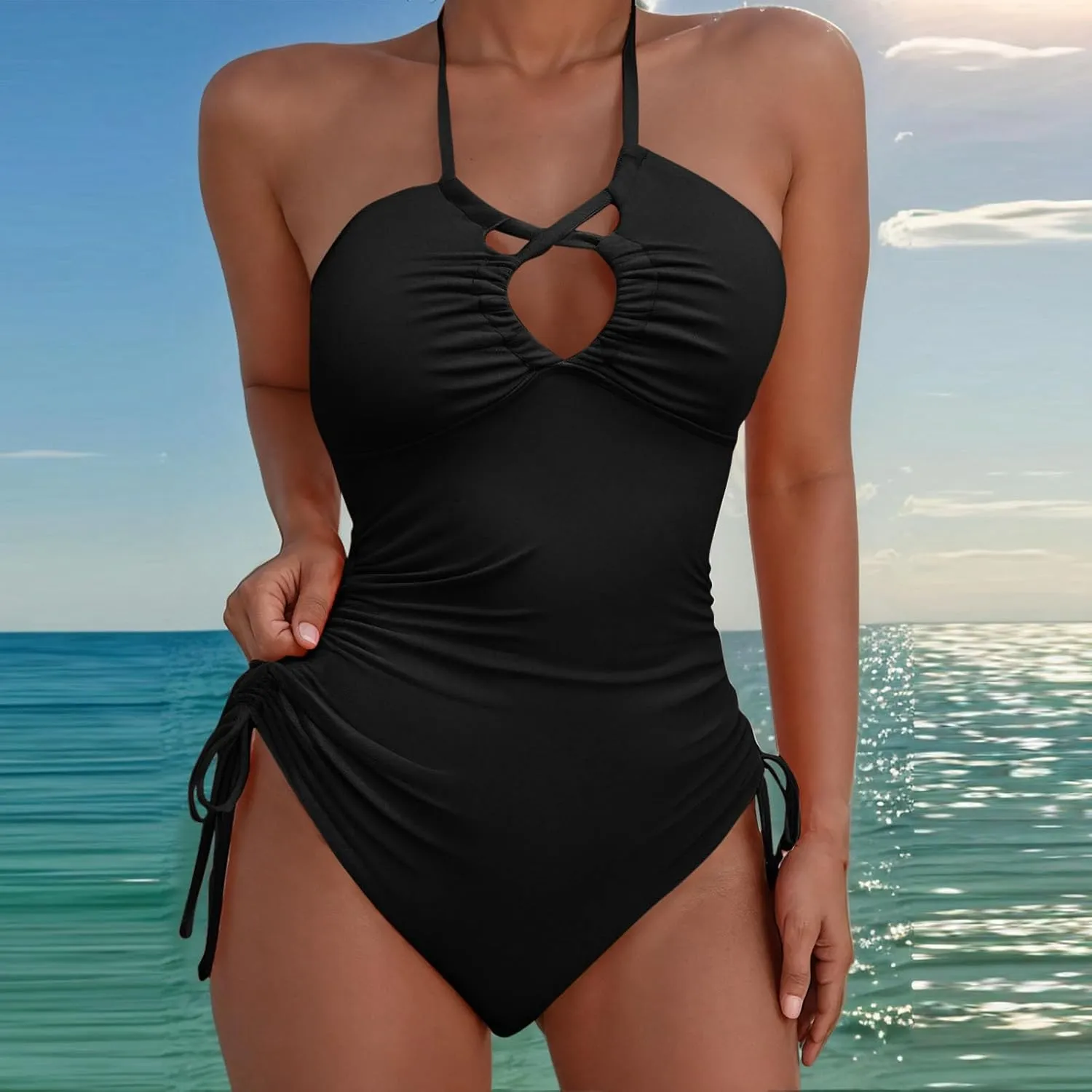 Women's Swimsuits Modest One Piece Ruched Halter Bathing Suits Backless 2025 Trendy Beach Party Swimwear Bult in Bra