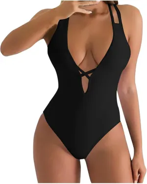 Womens Swimsuits Tummy Control Sexy One Piece Lace Up Straps Bathing Suit Scrunch Butt High Cut Monokini Swimwear