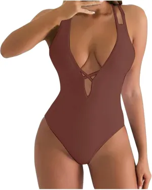 Womens Swimsuits Tummy Control Sexy One Piece Lace Up Straps Bathing Suit Scrunch Butt High Cut Monokini Swimwear