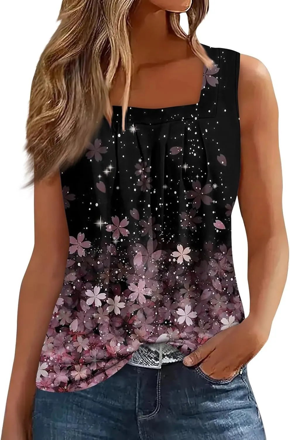 Womens Tank Tops for Women - Loose Fit Pleated Square Neck Sleeveless Tops Curved Hem Flowy Loose Fit Shirts 2025