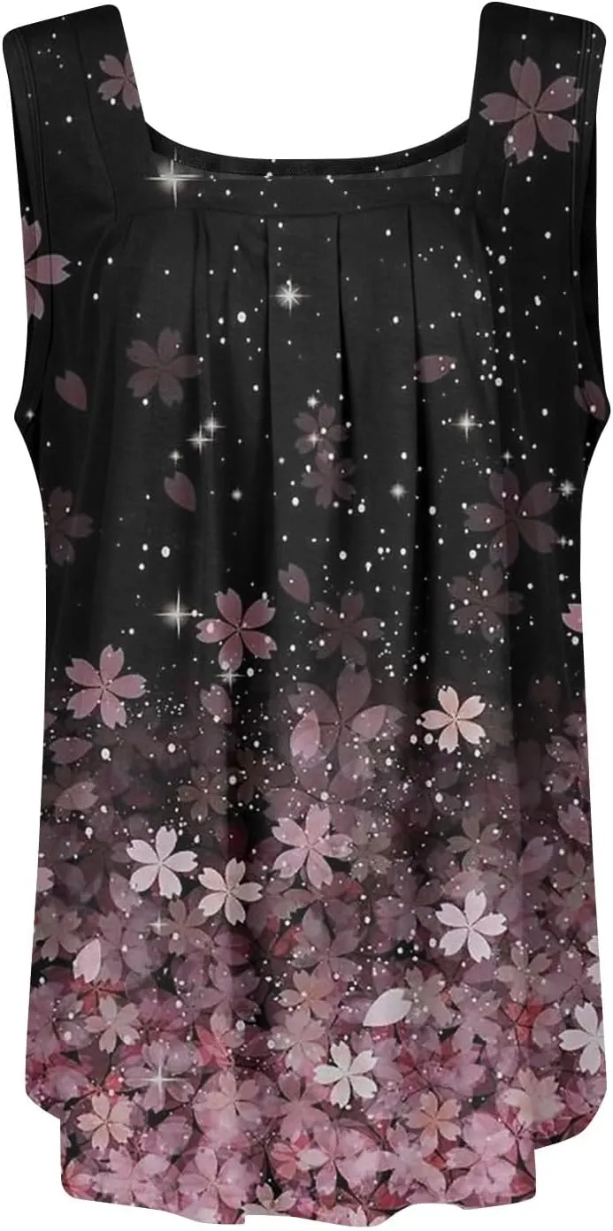 Womens Tank Tops for Women - Loose Fit Pleated Square Neck Sleeveless Tops Curved Hem Flowy Loose Fit Shirts 2025