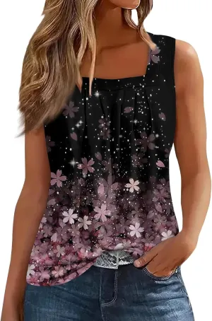 Womens Tank Tops for Women - Loose Fit Pleated Square Neck Sleeveless Tops Curved Hem Flowy Loose Fit Shirts 2025