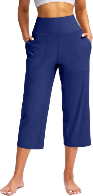 Women's Tummy Control Gym Workout Wide-Leg Cropped Pants High Waist Sport Yoga Pant Yogy Jogger Capri Sweatpants