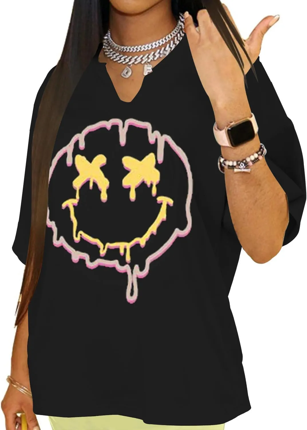 Womens V Neck Smile Face Graphic Tees Y2K Cute Happy Printed T Shirt Casual Family Match Tops